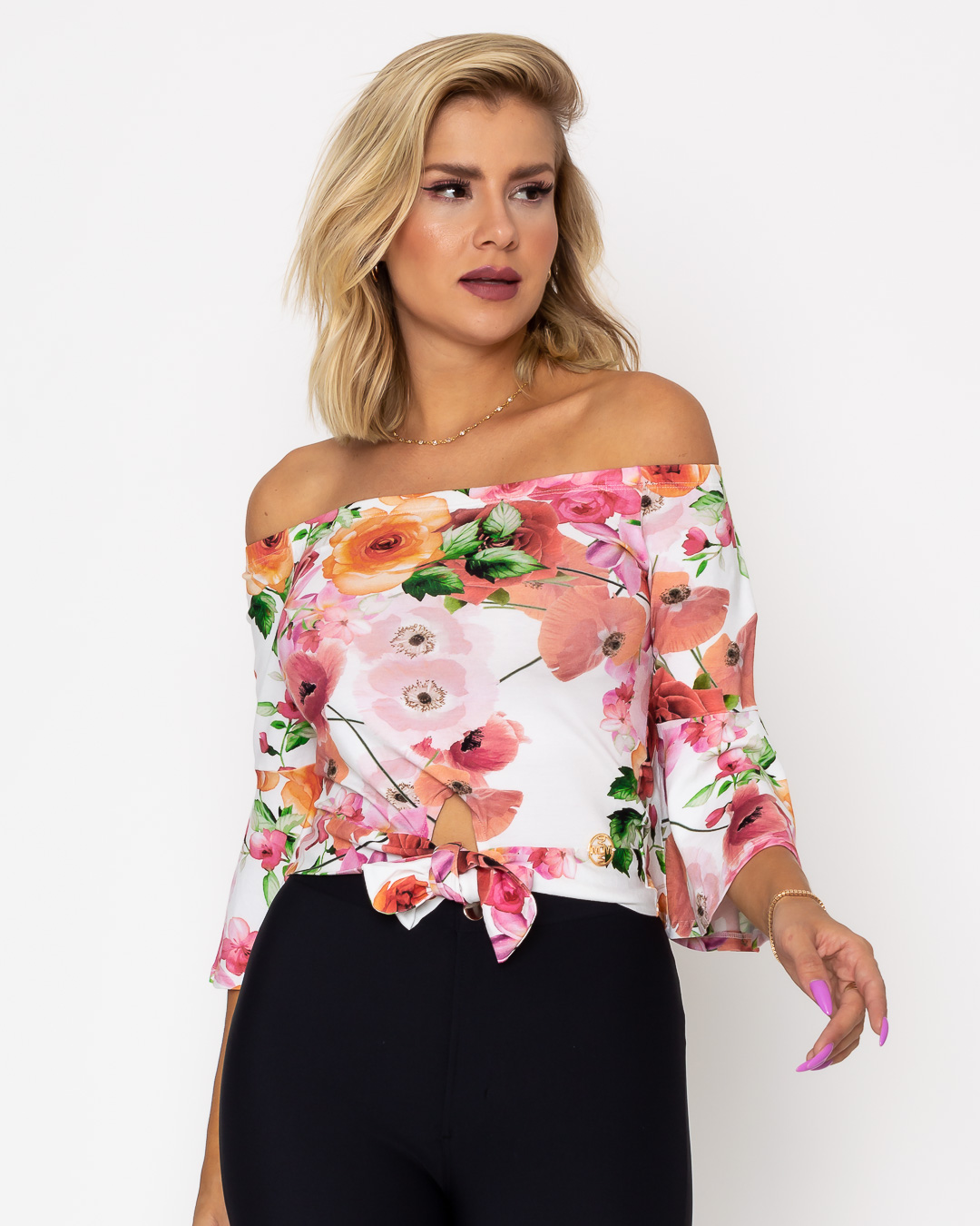 Miss Misses - Cropped Miss Misses bell sleeve White Print - 10012107