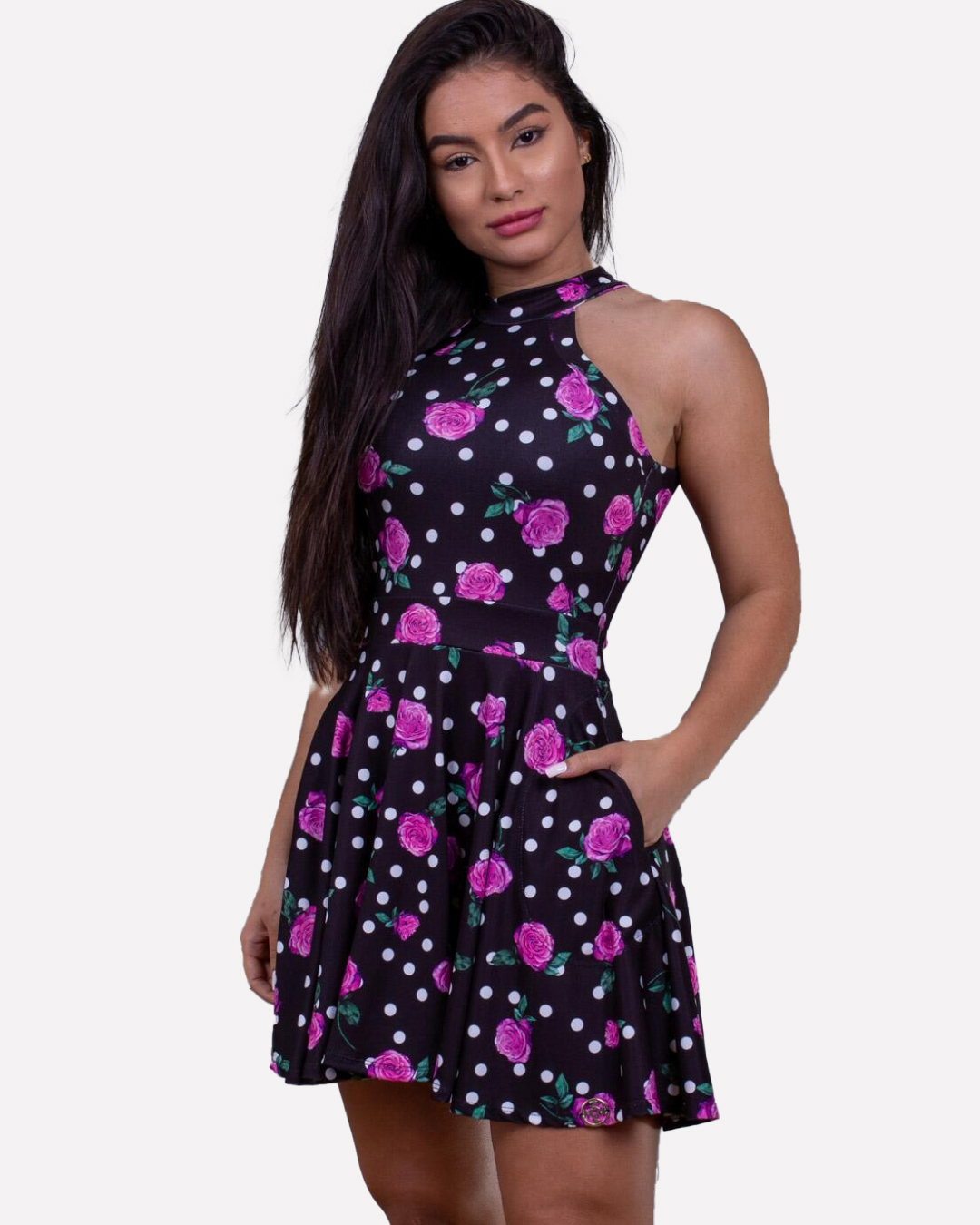 Miss Misses - Vestido Miss Misses gola alta Estampado Preto - 1000705