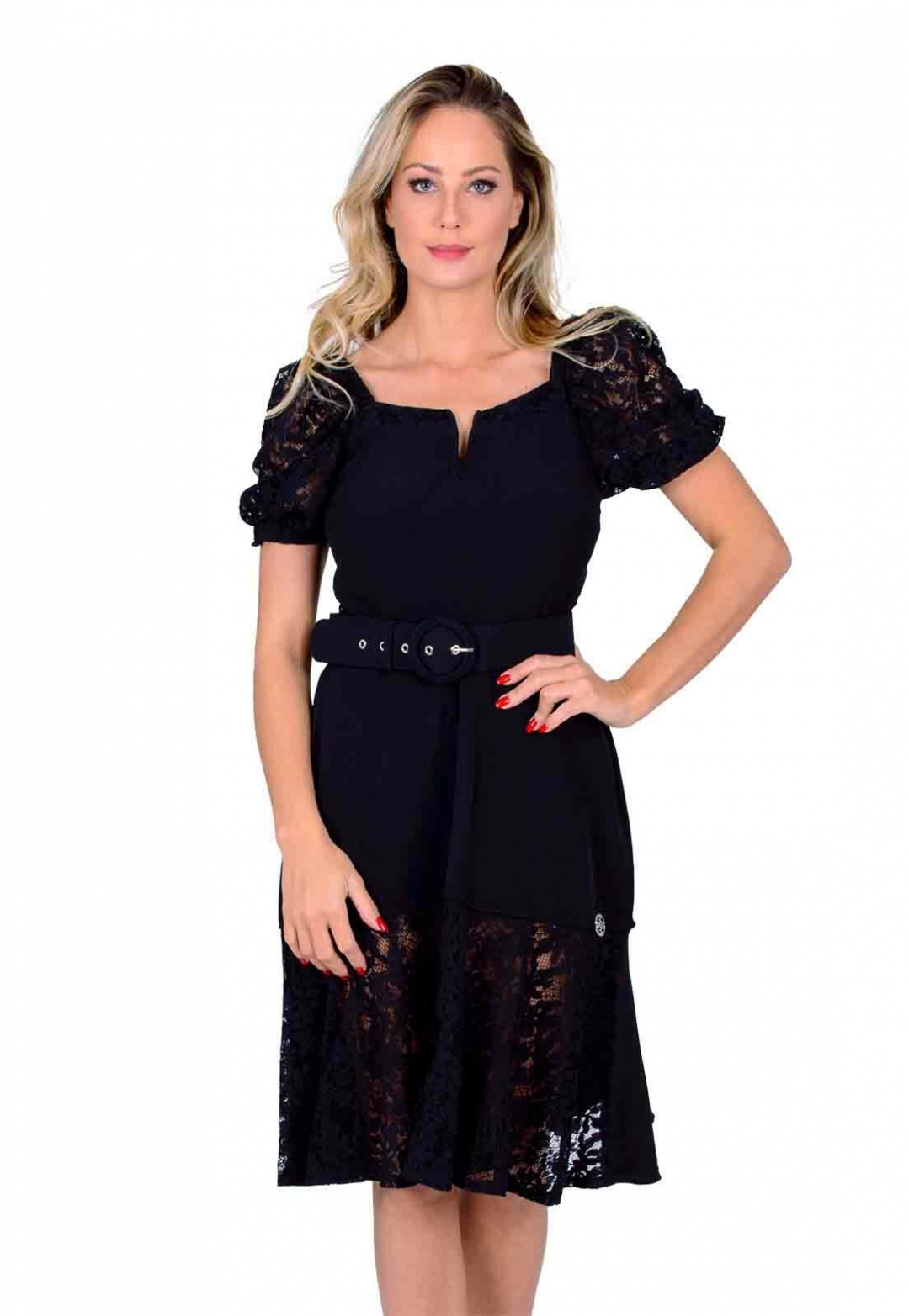 Miss Misses - Vestido Miss Misses justo peplum renda preto - 1000905