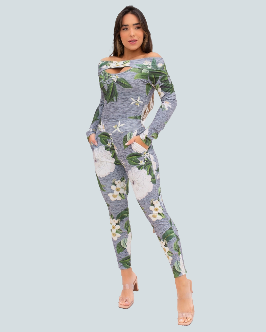 Miss Misses - Miss Misses Legging Pants with Gray Floral Print - 18451007