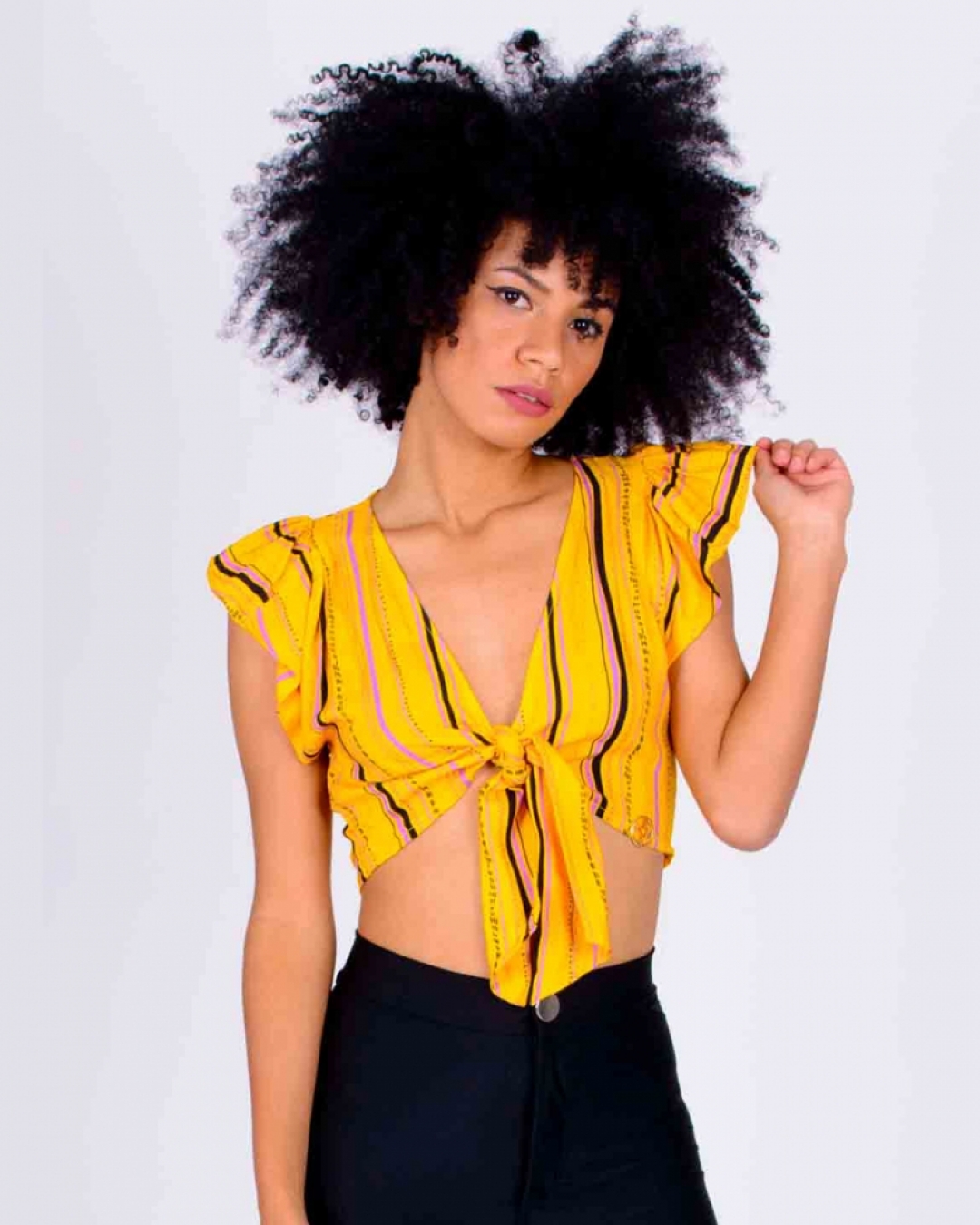 Miss Misses - Cropped Miss Misses Ruffled Sleeve Yellow Print 16097 - 10009808