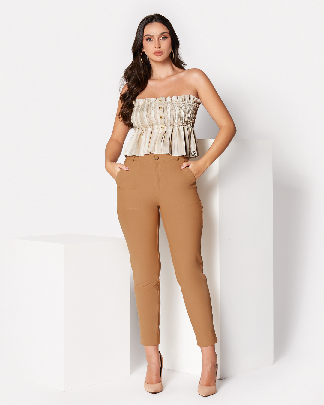 Miss Misses - Cropped Miss Misses Hopefully It Falls Striped Beige - 18492226