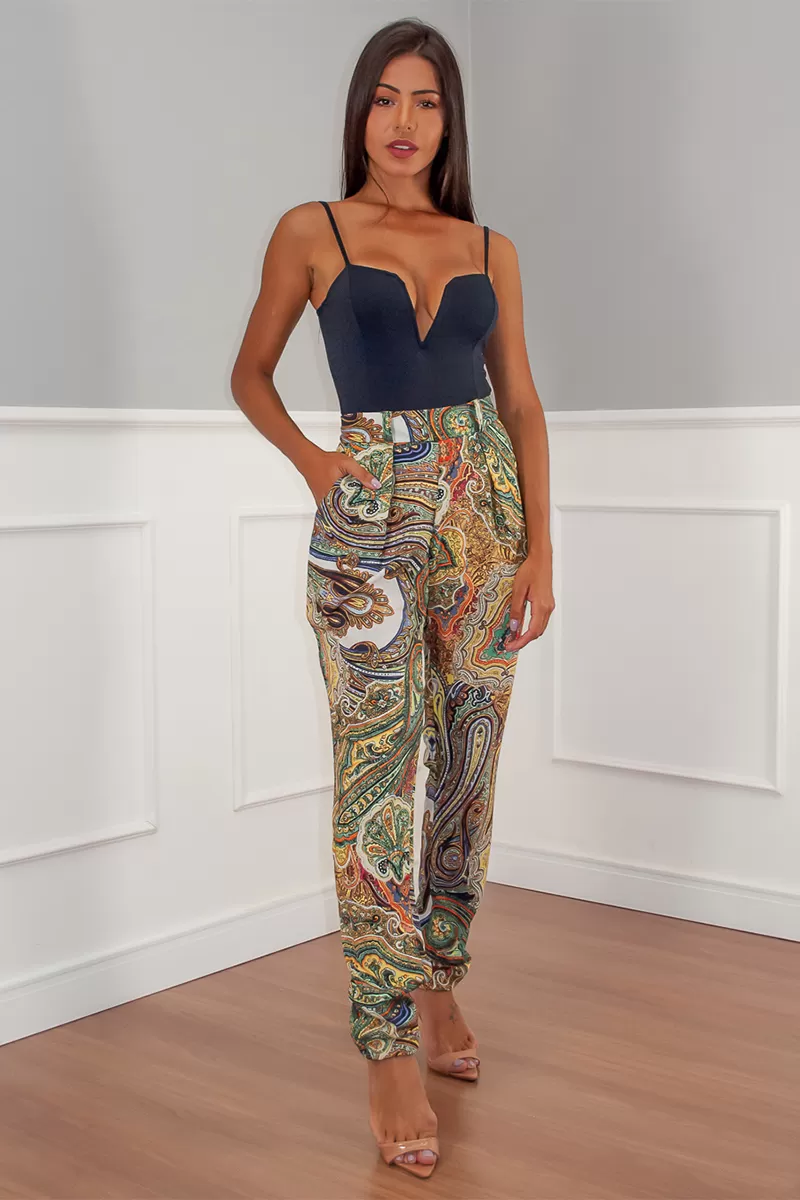 Limone - Calça Limone pantalona Estampado Verde - 04-081VDE