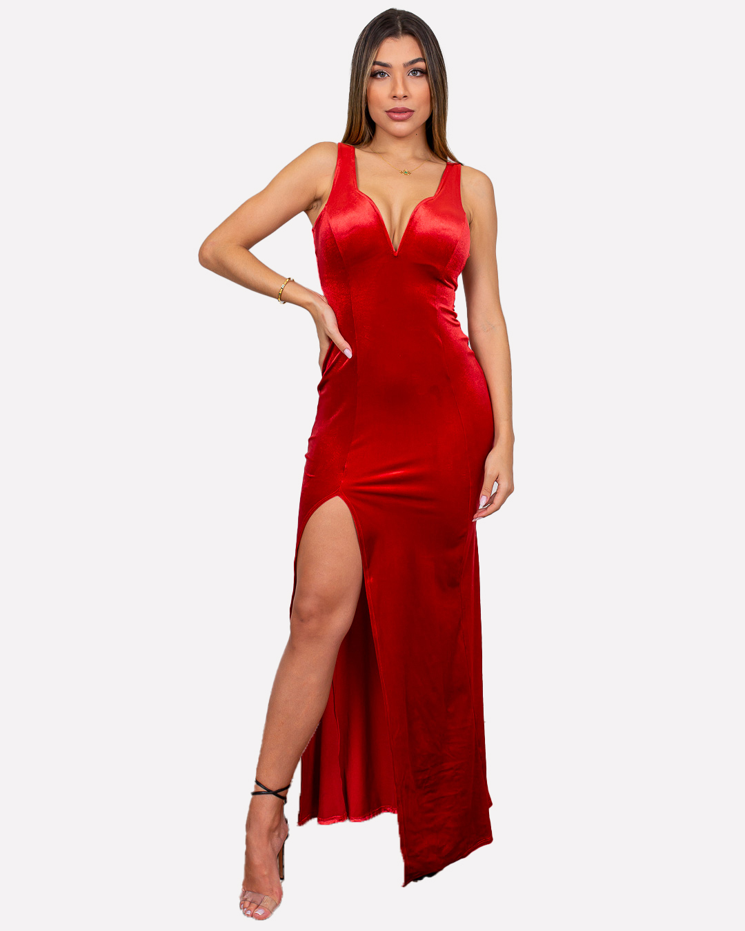 Miss Misses - Misses velvet dress with red neckline - 10004225