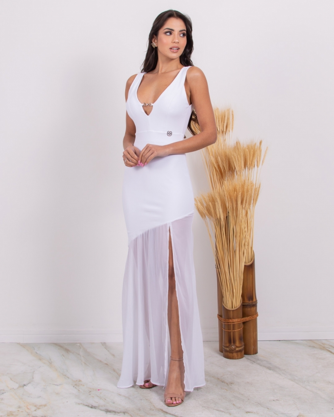 Miss Misses - Vestido Miss Misses saia chifon Branco - 10004556