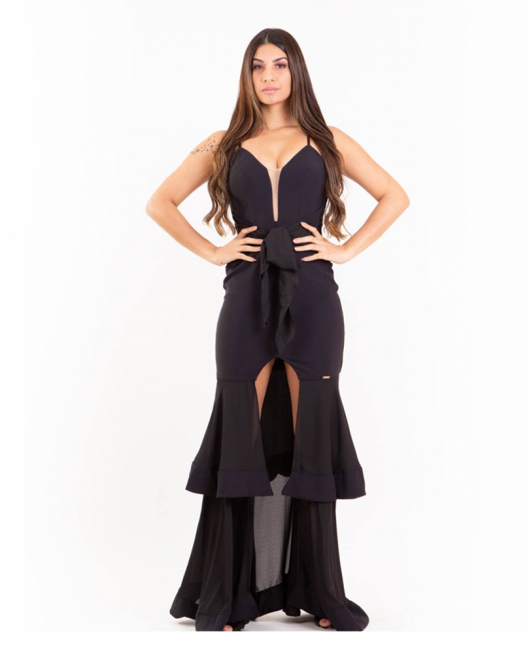 Limone - Vestido Limone Longo com Babado e Decote Preto - 10004530