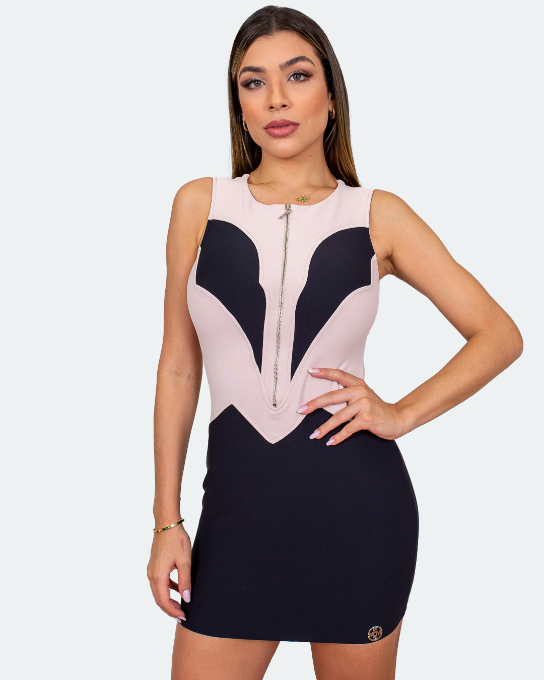 Miss Misses - Vestido Miss Misses ziper frente Preto/Rosa - 10006426