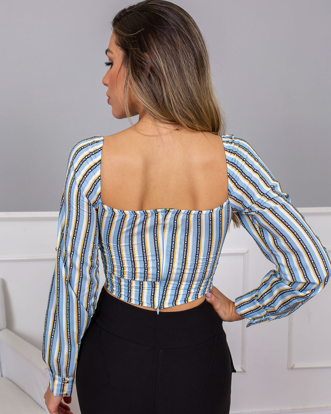 Limone - Cropped Limone argola decote Estampado Azul 02-695 - 10009698