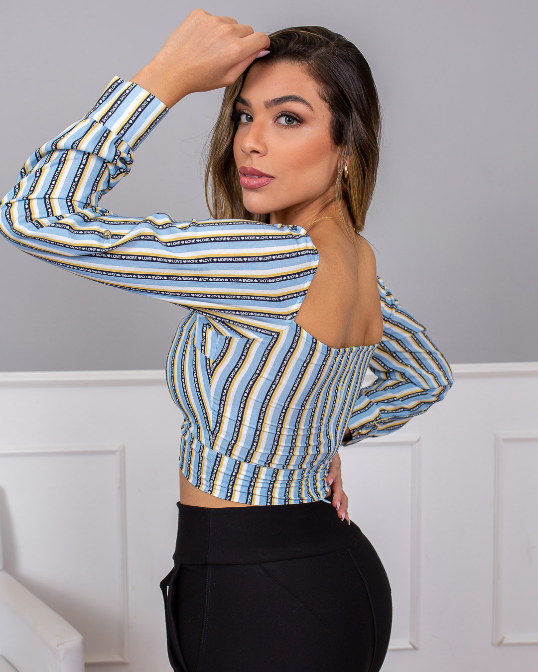 Limone - Cropped Limone argola decote Estampado Azul 02-695 - 10009698