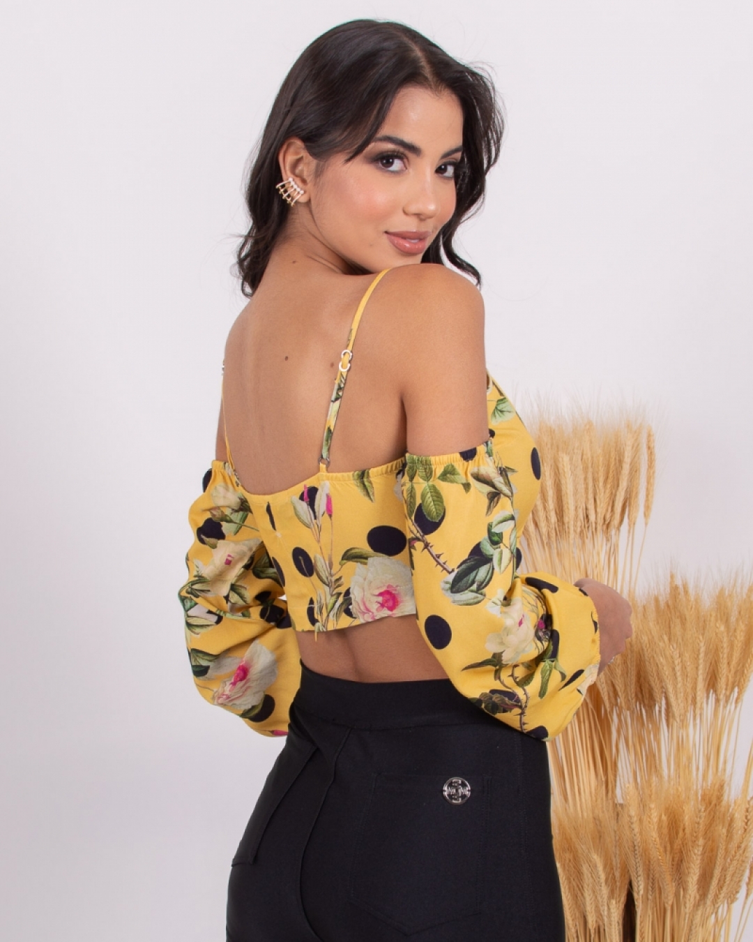 Limone - Cropped Limone ilhós decote Estampado Amarelo - 10009687