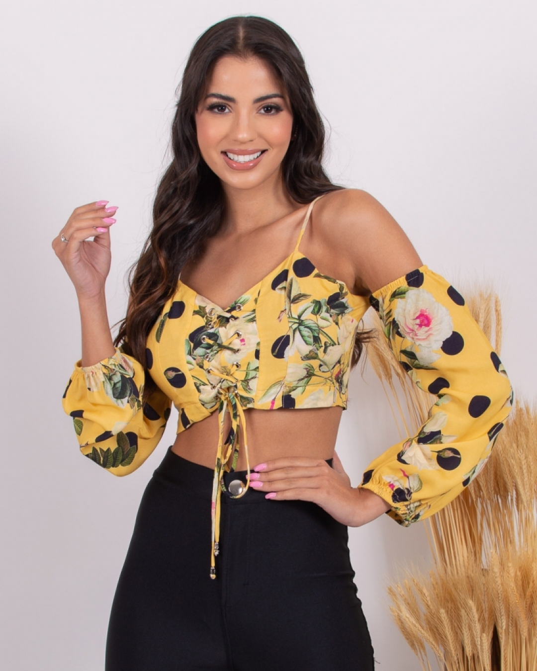 Limone - Cropped Limone ilhós decote Estampado Amarelo - 10009687