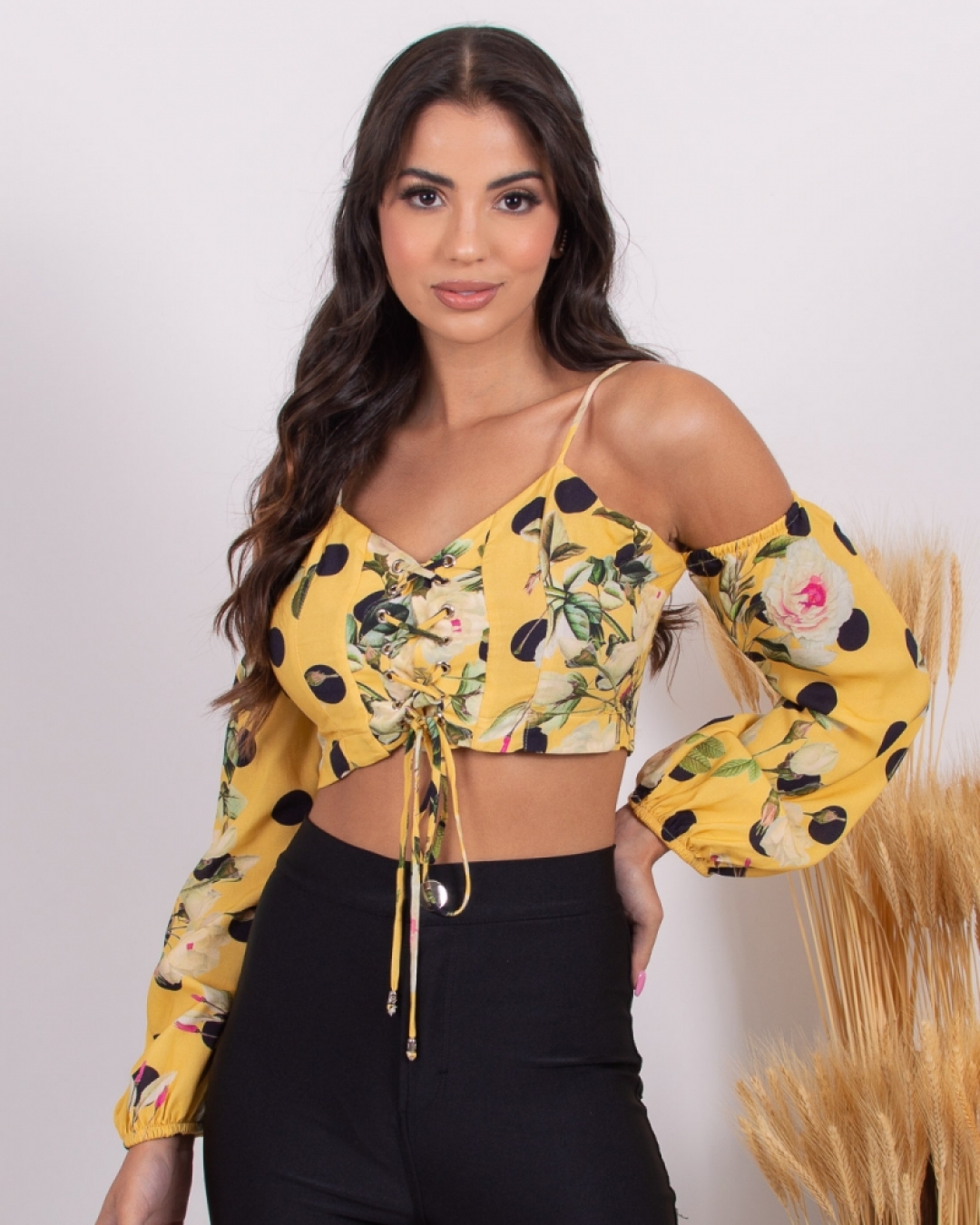 Limone - Cropped Limone ilhós decote Estampado Amarelo - 10009687