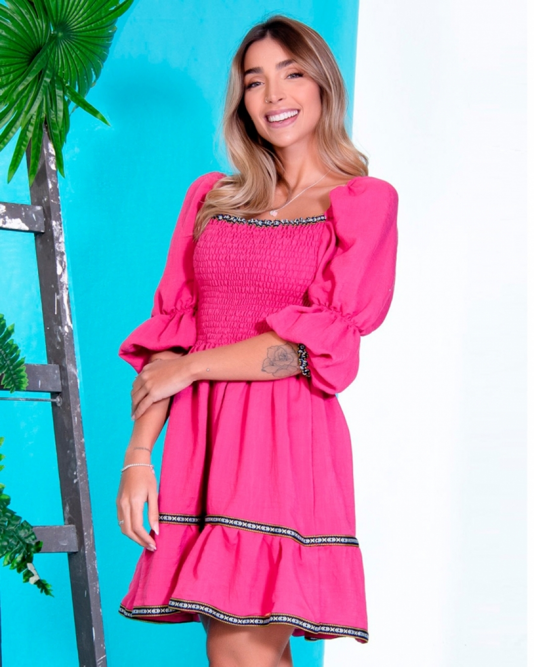 Limone - Vestido Limone Manga Bufante e Lastex Busto Rosa - 03-3623