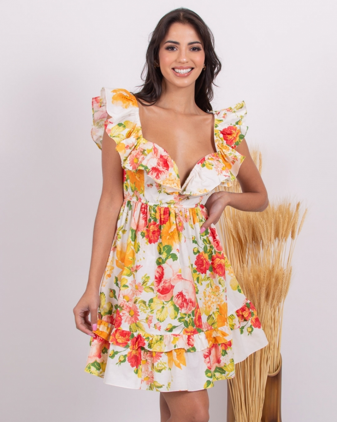 Limone - Vestido Limone Rodado com Babado Estampado Amarelo - 03-3633AM