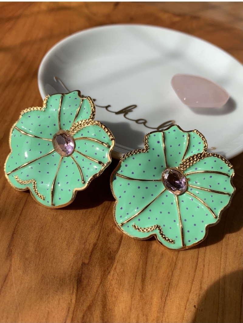 Mikabe - Green Enameled Floral Earring - MK655