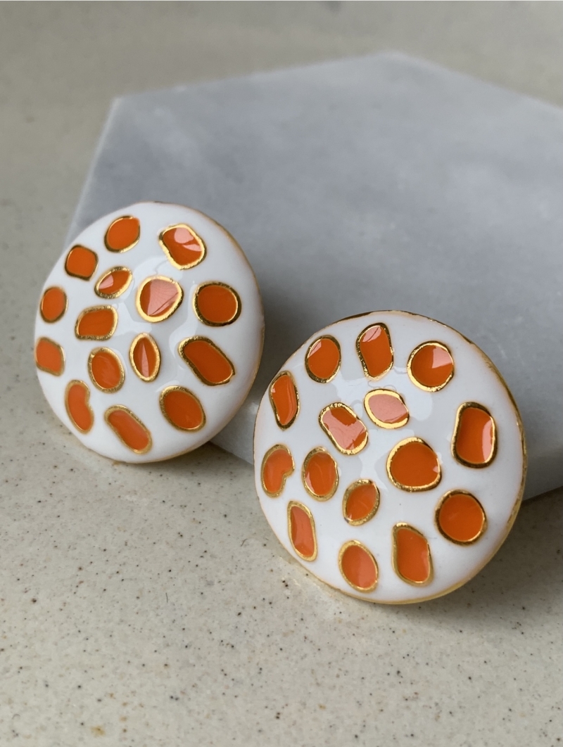 Mikabe - Earring White Orange Enamel Button - MK663