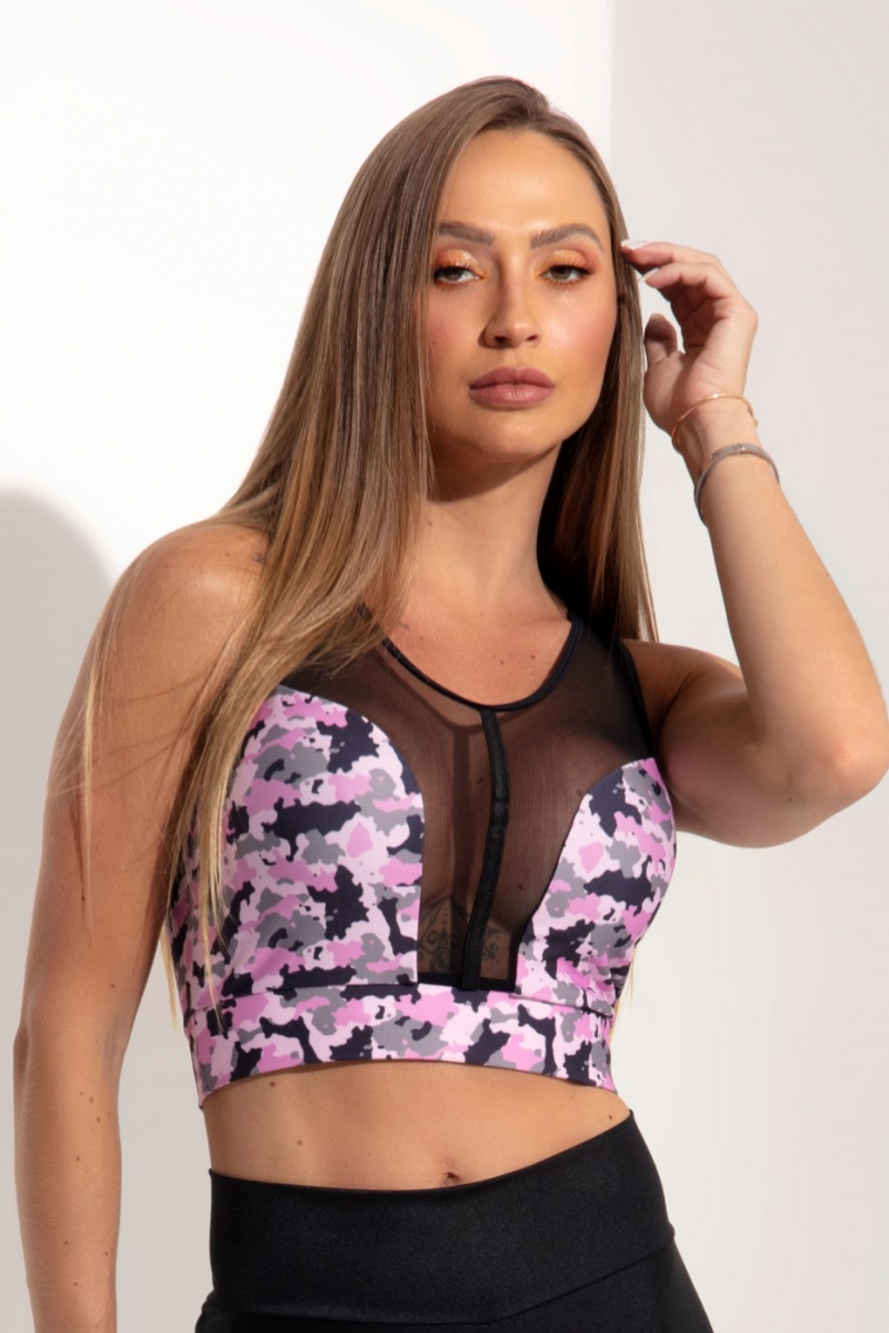 Hipkini - Top Sky Fitness Military Print Light Pink with tulle - 3339148