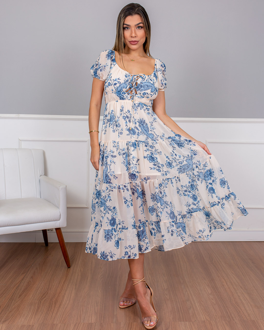 Oxigênio - Vestido Oxigênio Midi Manga Curta Estampado Azul - 2113180AZU