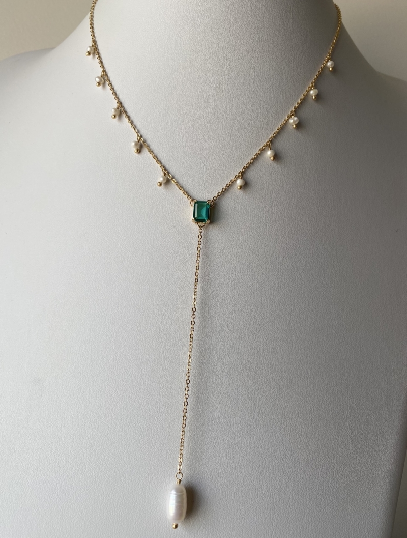 Mikabe - Necklace Tie Green Zirconia and Pearls - MK835