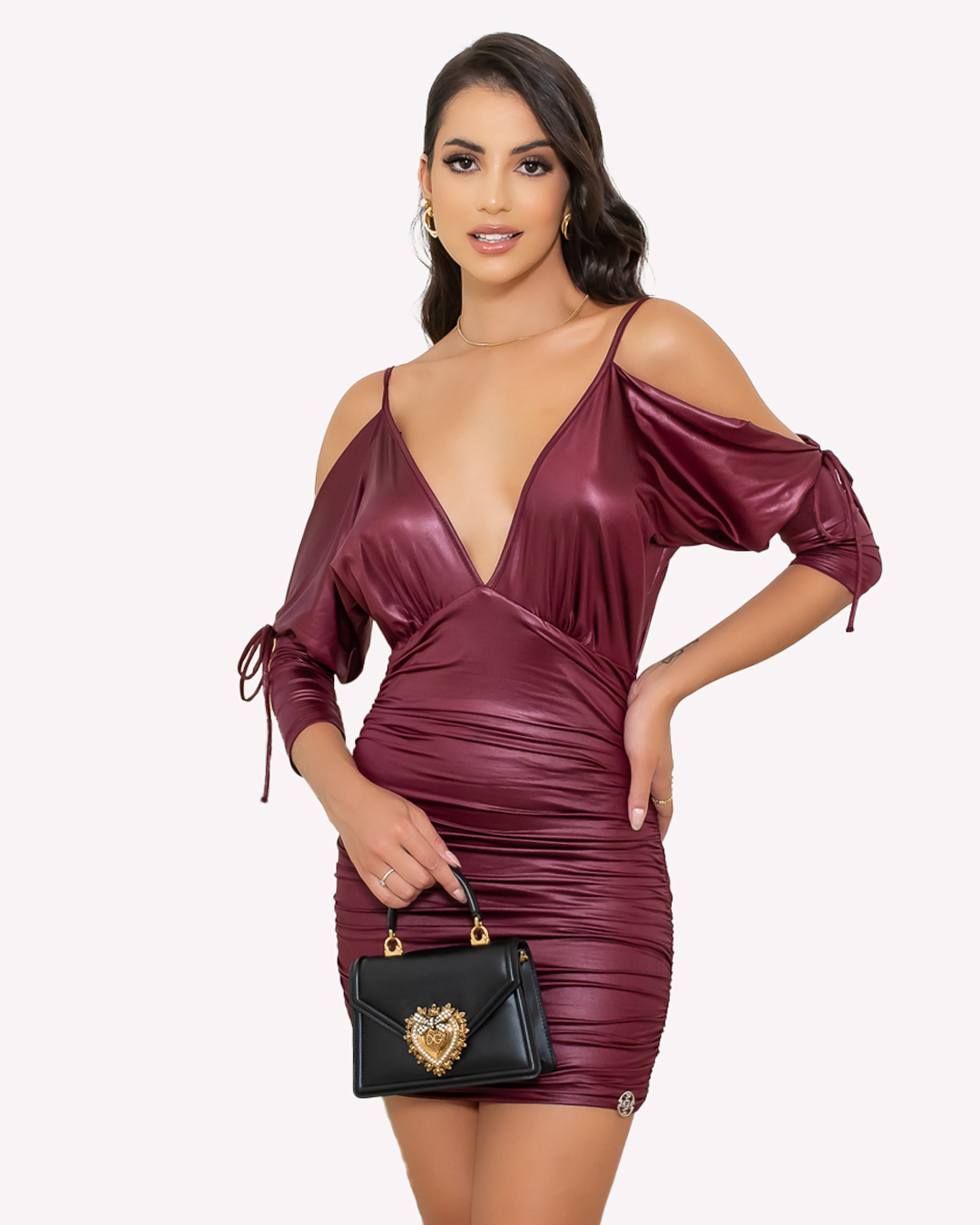 Miss Misses - Dress Miss Misses Fringed Tube With Open Sleeves Wine - 18749006