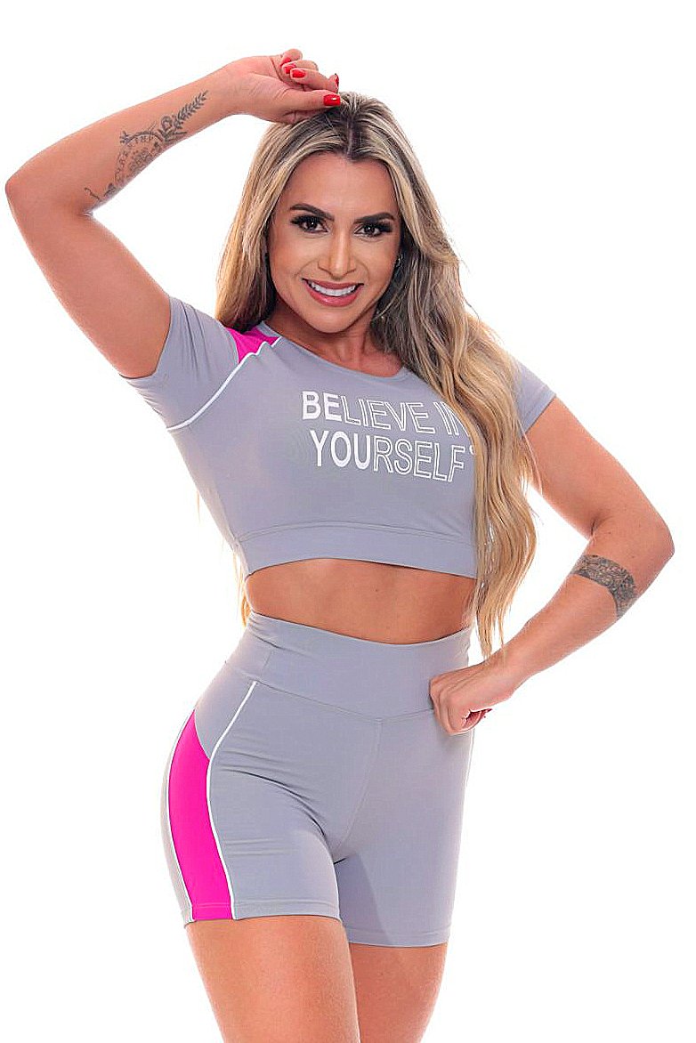 Garotafit - Fitness Set Top and Pants Cardiff Gray and Pink - SCJ35C