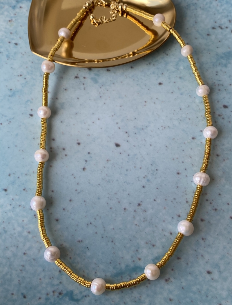 Mikabe - Necklace Gold Hematite Discs and Pearls - MK920