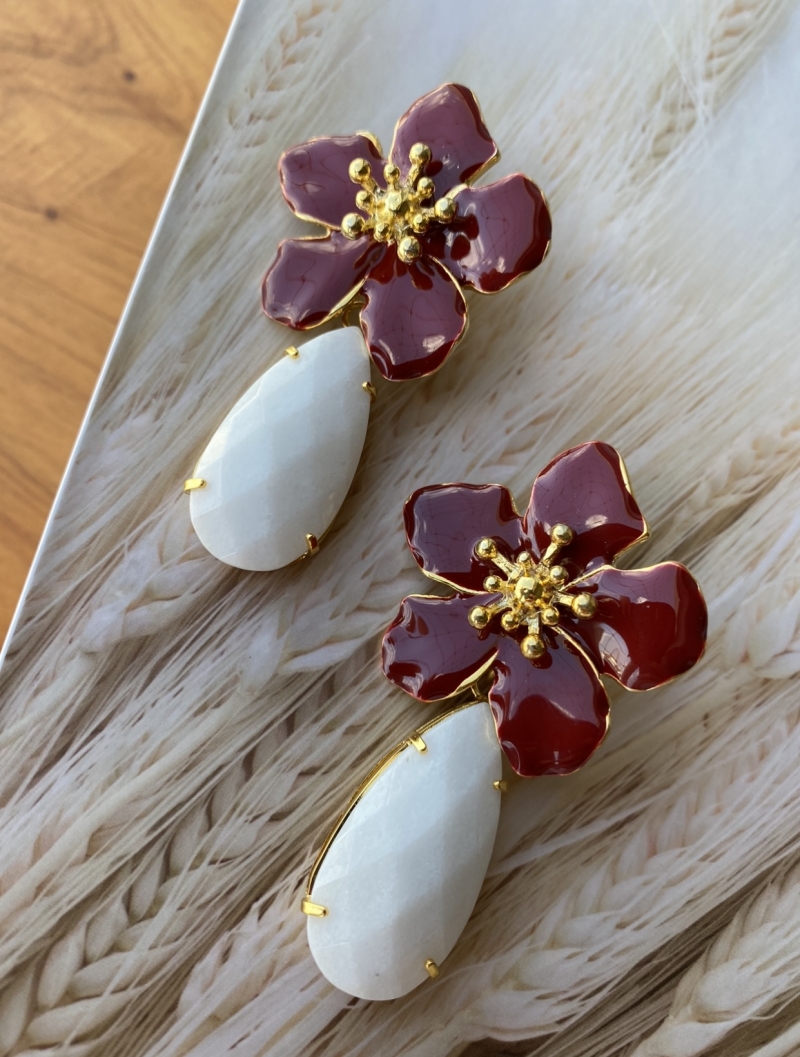 Mikabe - Earring Flower Enamelled Red and White Jade - MK998