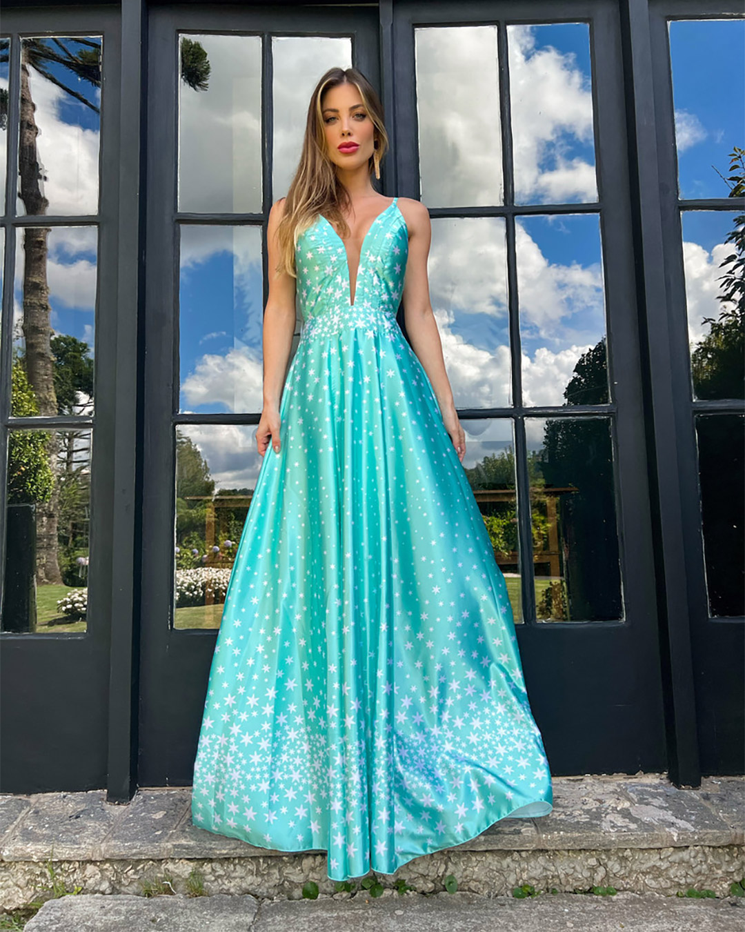 Pimpnella - Vestido Pimpnella Longo Estrelas Verde Água - 4055VER