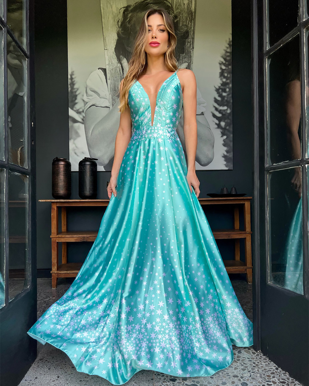 Pimpnella - Vestido Pimpnella Longo Estrelas Verde Água - 4055VER