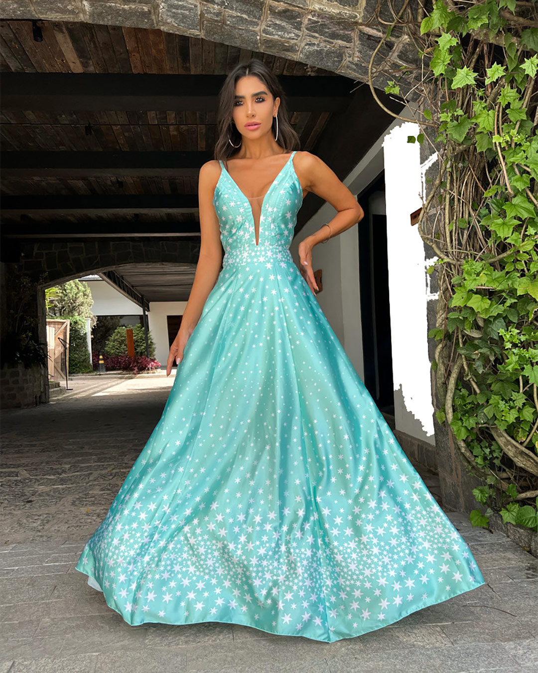 Pimpnella - Vestido Pimpnella Longo Estrelas Verde Água - 4055VER