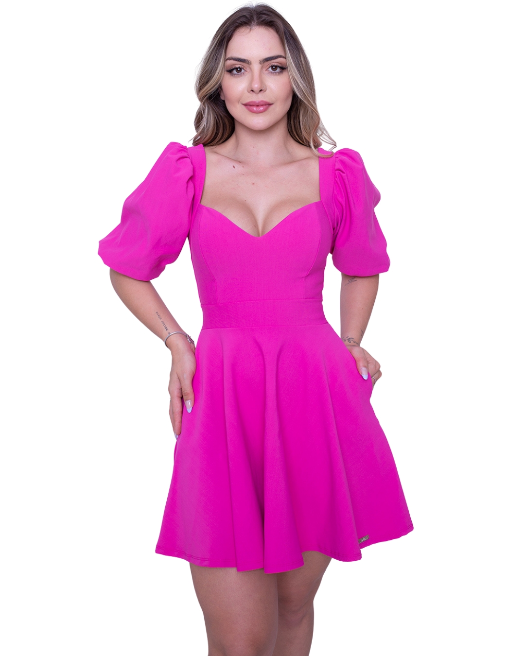 Limone - Vestido Limone Rodado Manga Bufante Rosa - 03-3720