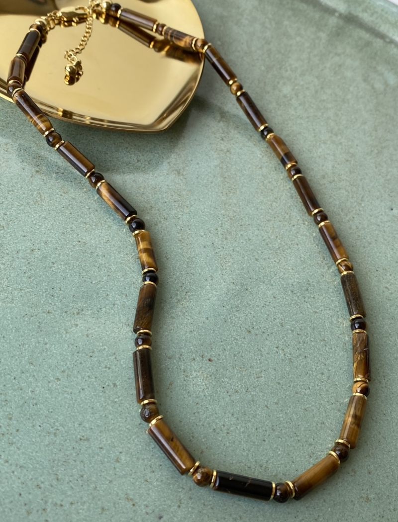 Mikabe - Necklace Tiger Eye Tubes and Polka Dots - MK1071