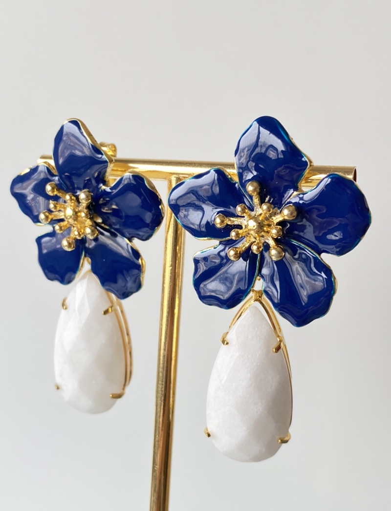 Mikabe - Earring Flower Enamelled Blue and White Jade - MK1088