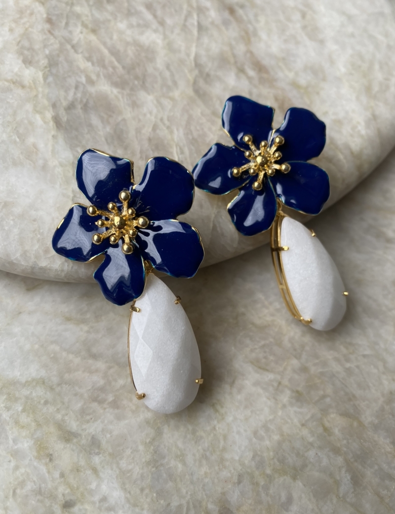 Mikabe - Earring Flower Enamelled Blue and White Jade - MK1088