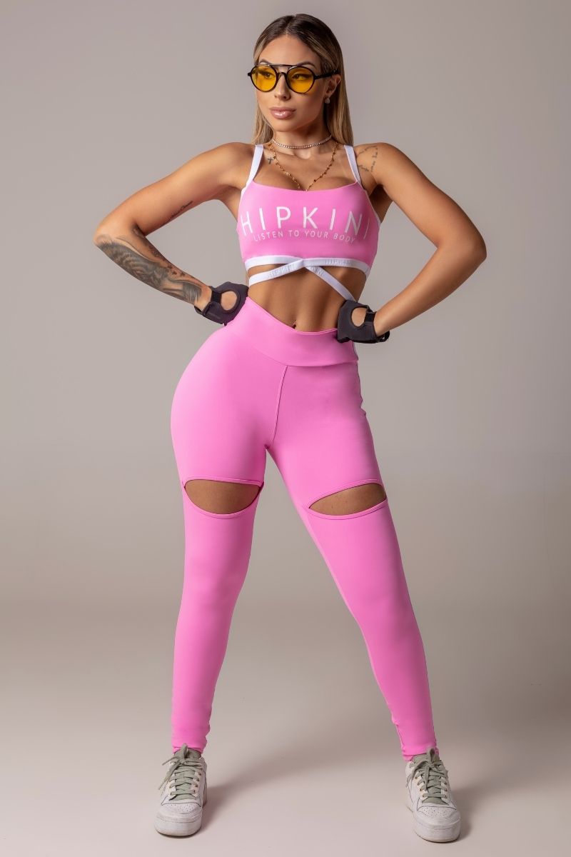 Hipkini - Legging Sports Fitness Rosa Elast na Lateral com Rec Vazado - 3339429