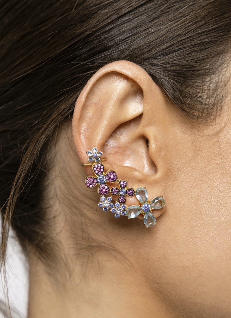 Mikabe - Earring Ear Cuff Garden Marsala and Blue Crystals - MK1184