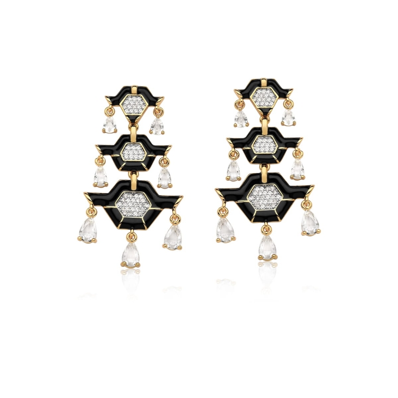 Mikabe - Black Enamelled Pendulum Earring with Crystals - MK1209