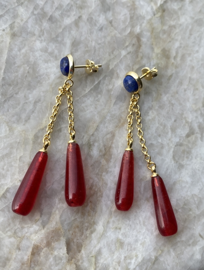 Mikabe - Earring Lapis Lazuli and Jade Ruby Drops - MK1228