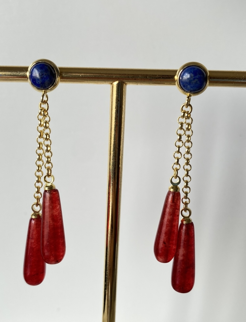 Mikabe - Earring Lapis Lazuli and Jade Ruby Drops - MK1228