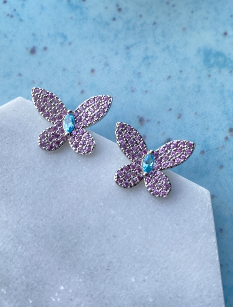 Mikabe - Pink and Blue Studded Butterfly Earring - MK1239