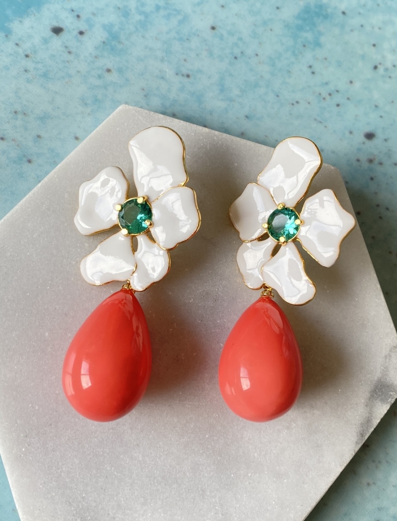 Mikabe - White Coral Enamelled Flower Earring - MK1256