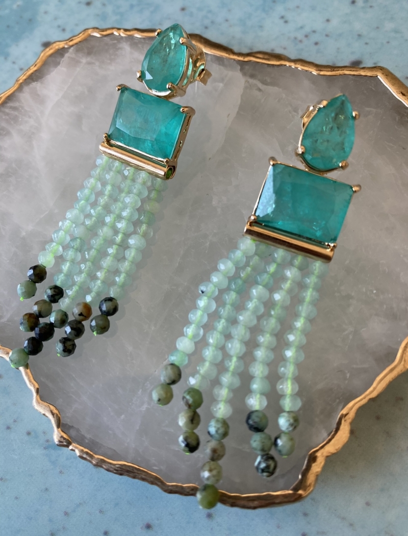 Mikabe - Tourmaline Fusion Earring with Turquoise Stone Tassel - MK1275