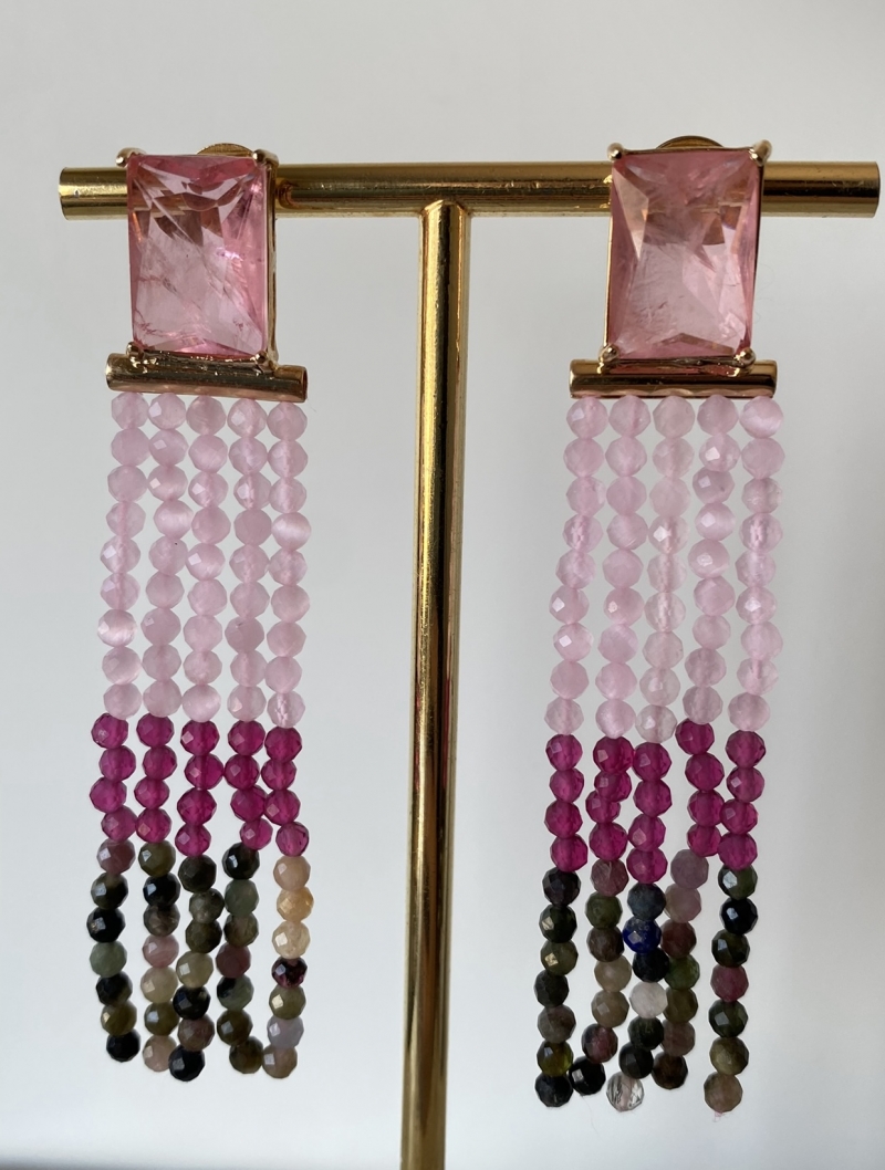 Mikabe - Zirconia Earring with Watermelon Tourmaline Stone Tassel - MK1276