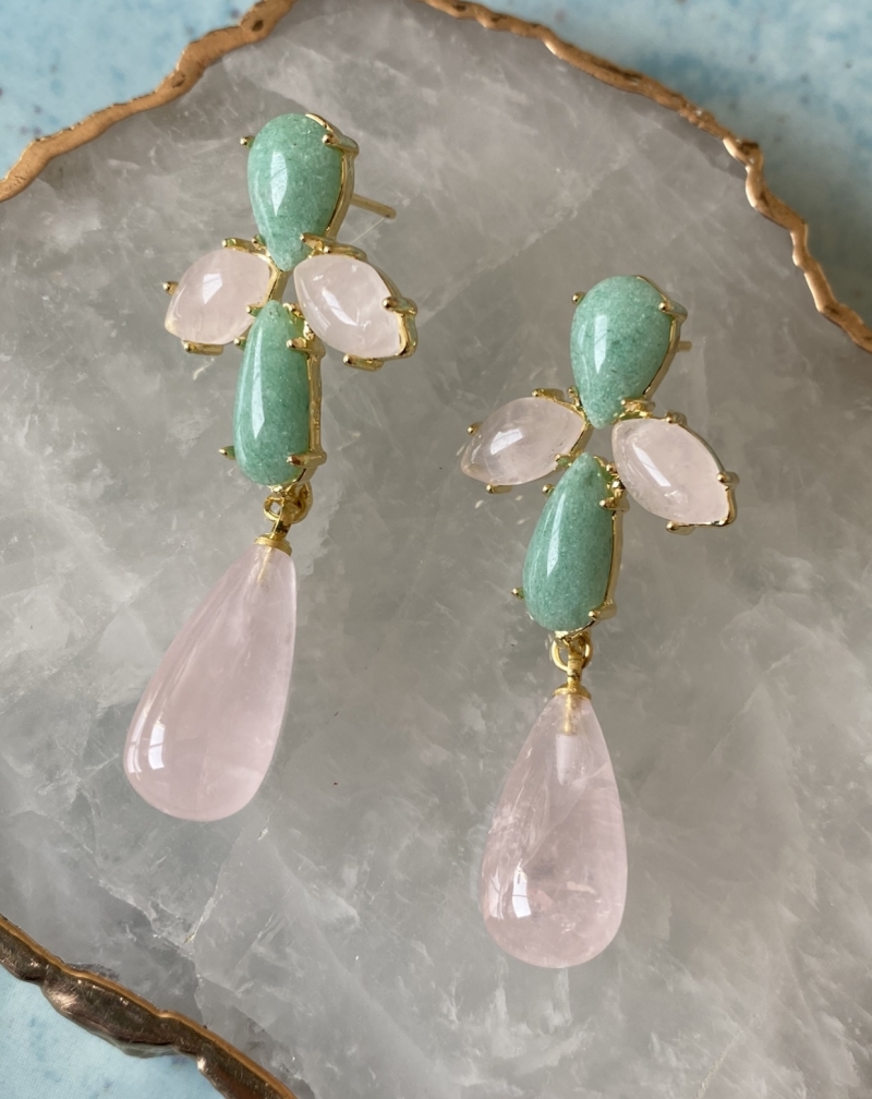 Mikabe - Earring Rose and Green Quartz Stones - MK1309