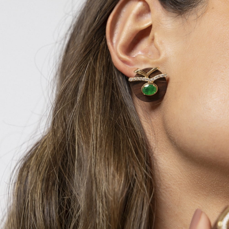 Mikabe - Earring Wood Rosewood Emerald Zirconia - MK1314