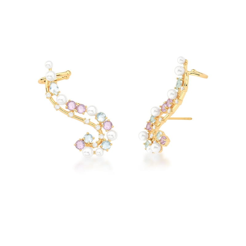 Mikabe - Brinco Ear Cuff Cristais Candy e Pérolas - MK1351