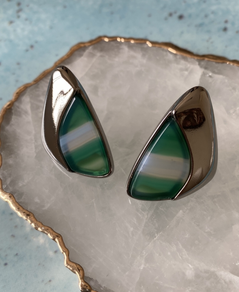 Mikabe - Rhodium Striped Green Agate Earring - MK1362