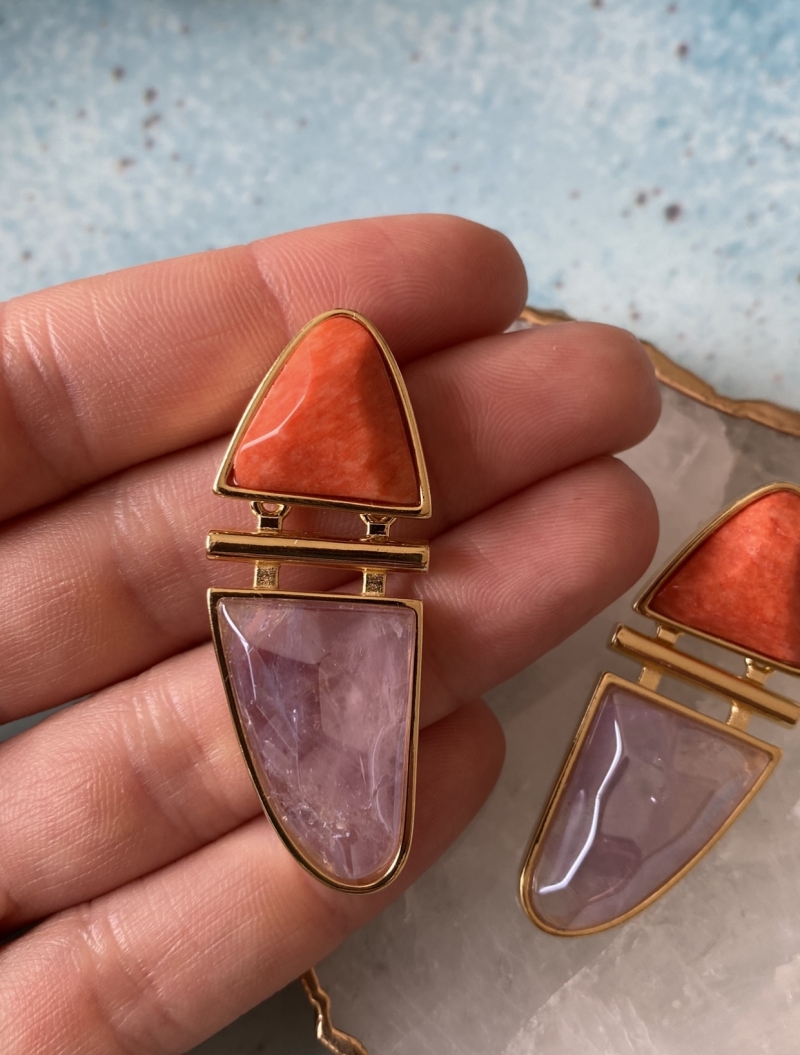 Mikabe - Modern Orange Feldspar and Amethyst Earring - MK1368