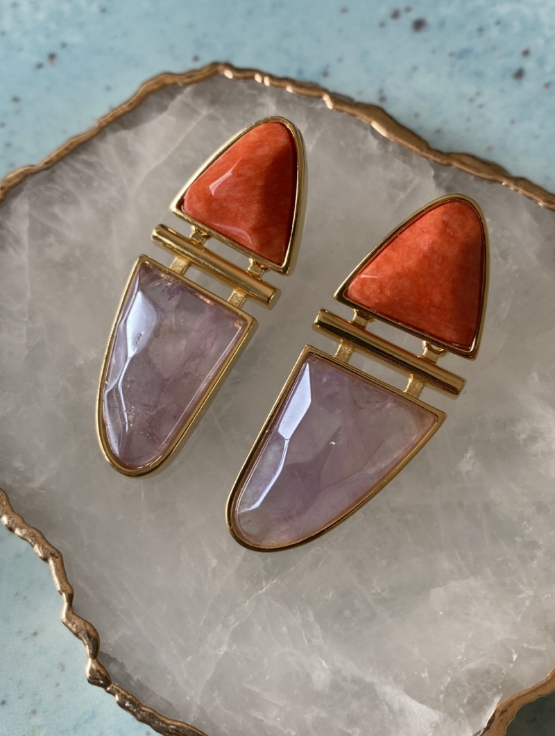 Mikabe - Modern Orange Feldspar and Amethyst Earring - MK1368