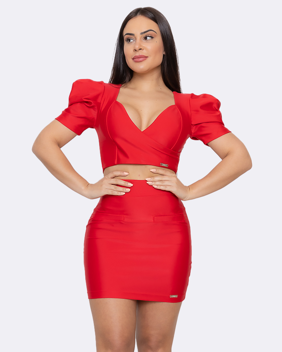 Limone - Fitness Set Top and Pants Limone Skirt and Cropped Red Puffed Sleeve - 08-866VERM